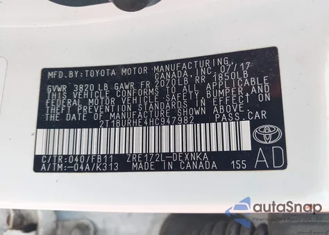 2017 Toyota Corolla Le z USA, uszkodzony, nr VIN 2T1BURHE4HC947982